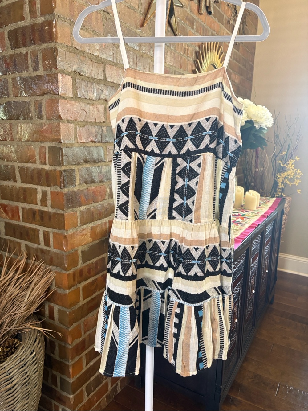 Elan Beige & Black Striped Geometric Midi Dress with Light Blue Accents - Picture 7 of 8